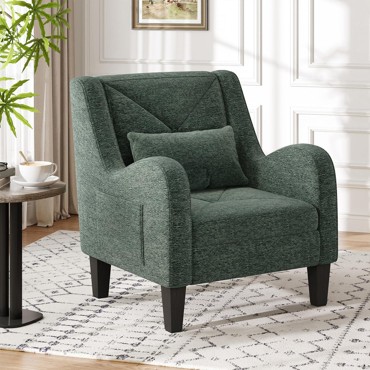 Green Chenille Upholstered Accent Chair with Lumbar Pillow B5113
