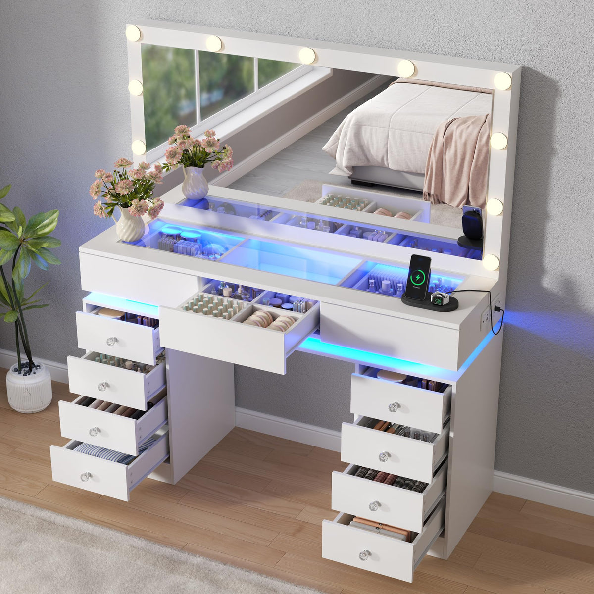 White Vanity Desk with Mirror and Lights X7722