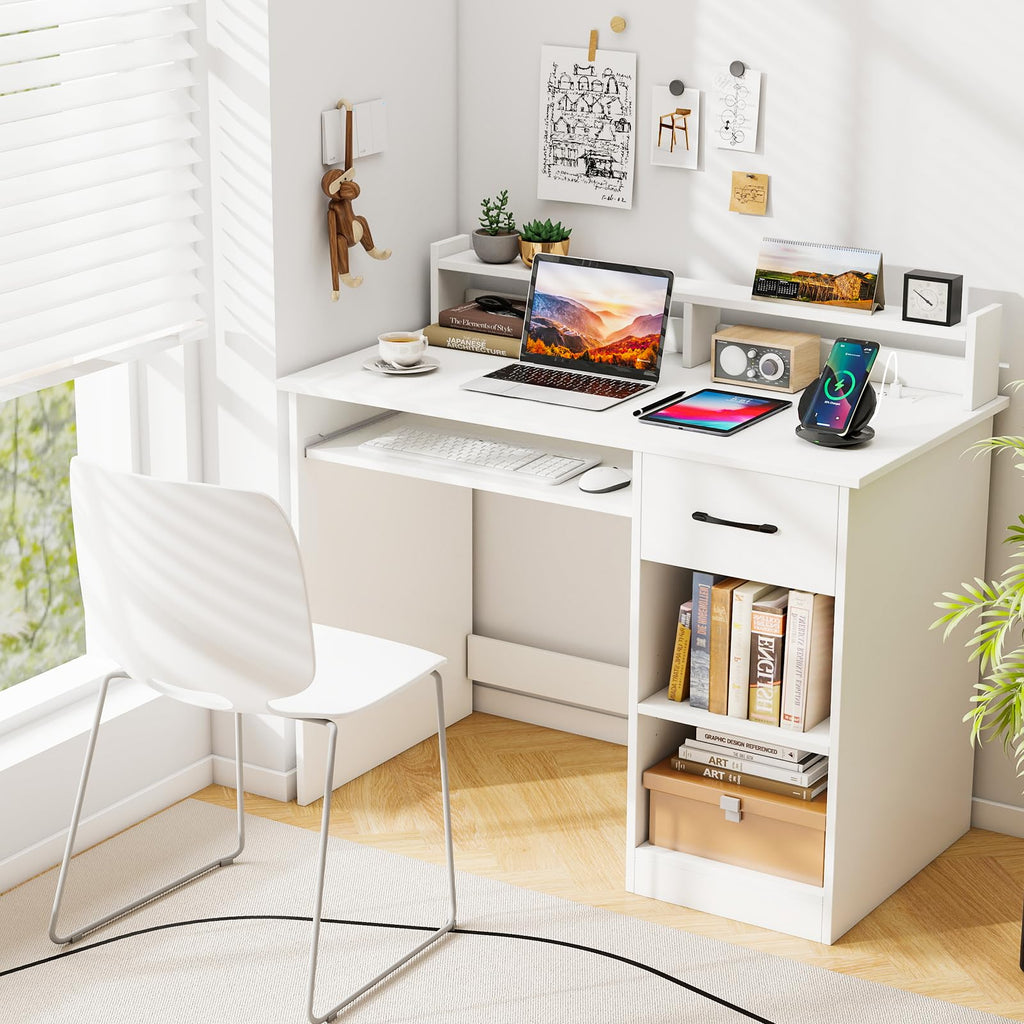 White Desk with Drawer and Keyboard Tray F803626