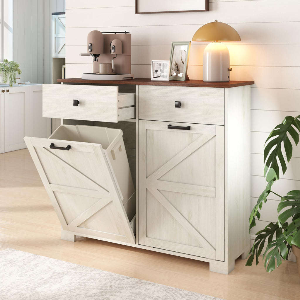 Antique White Wooden Tilt Out Trash Cabinet with 2 Storage Drawers U2595