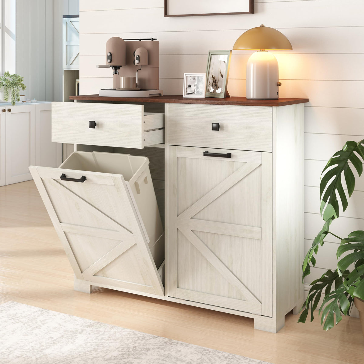 Antique White Wooden Tilt Out Trash Cabinet with 2 Storage Drawers U2595