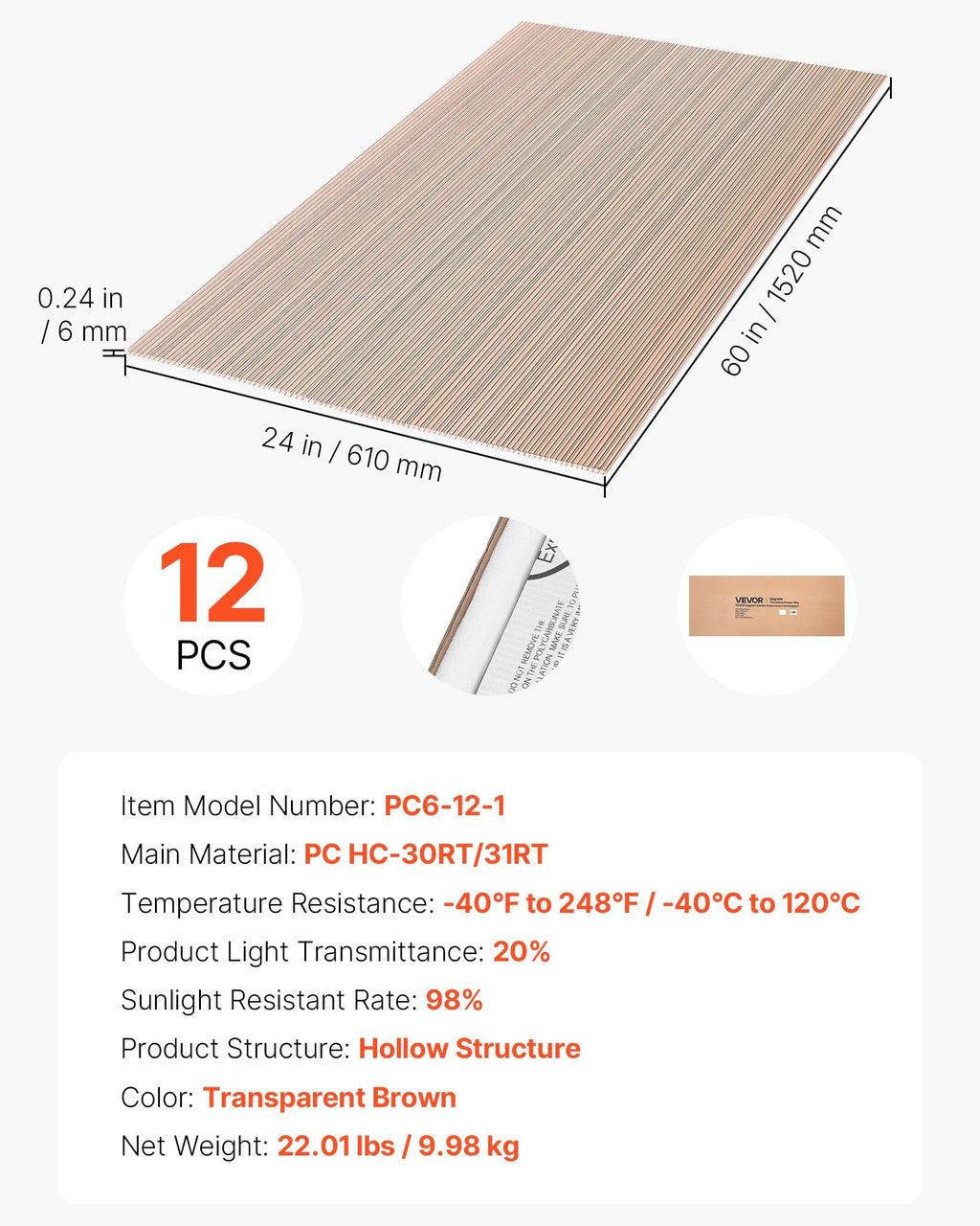 12Pcs Polycarbonate Roofing Panels Double Layer O7186