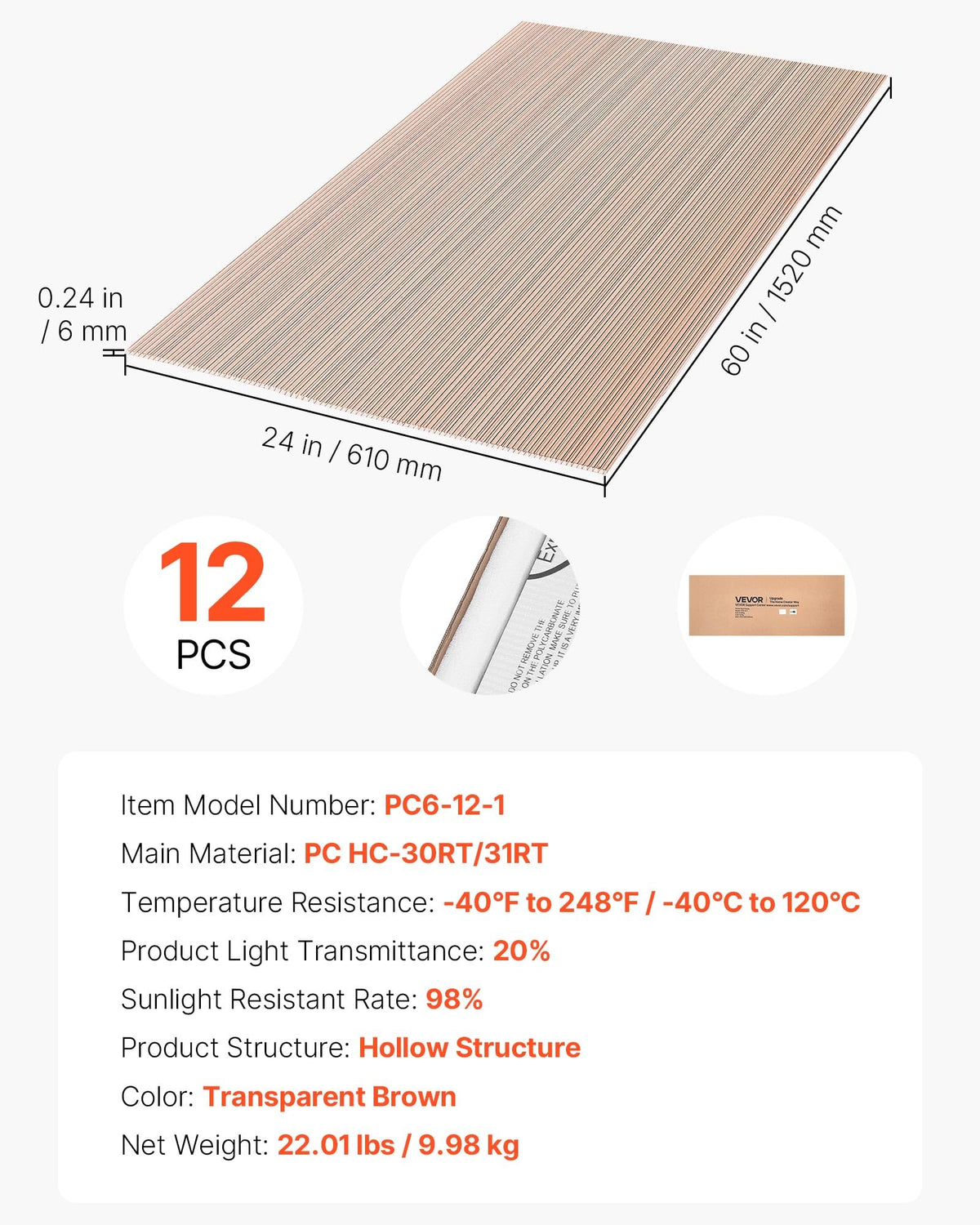 12Pcs Polycarbonate Roofing Panels Double Layer O7186