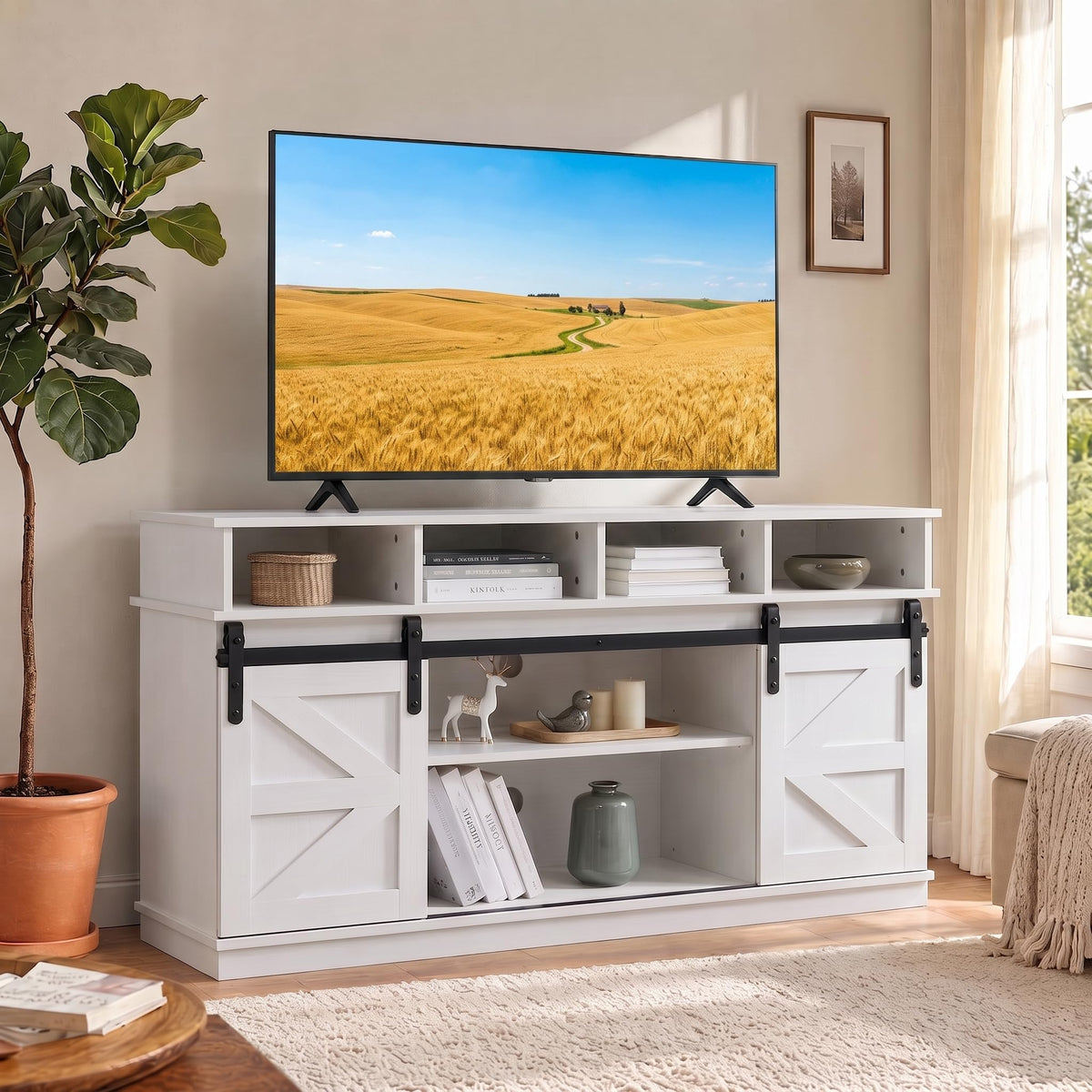 White Farmhouse TV Stand with Sliding Barn Doors J56102