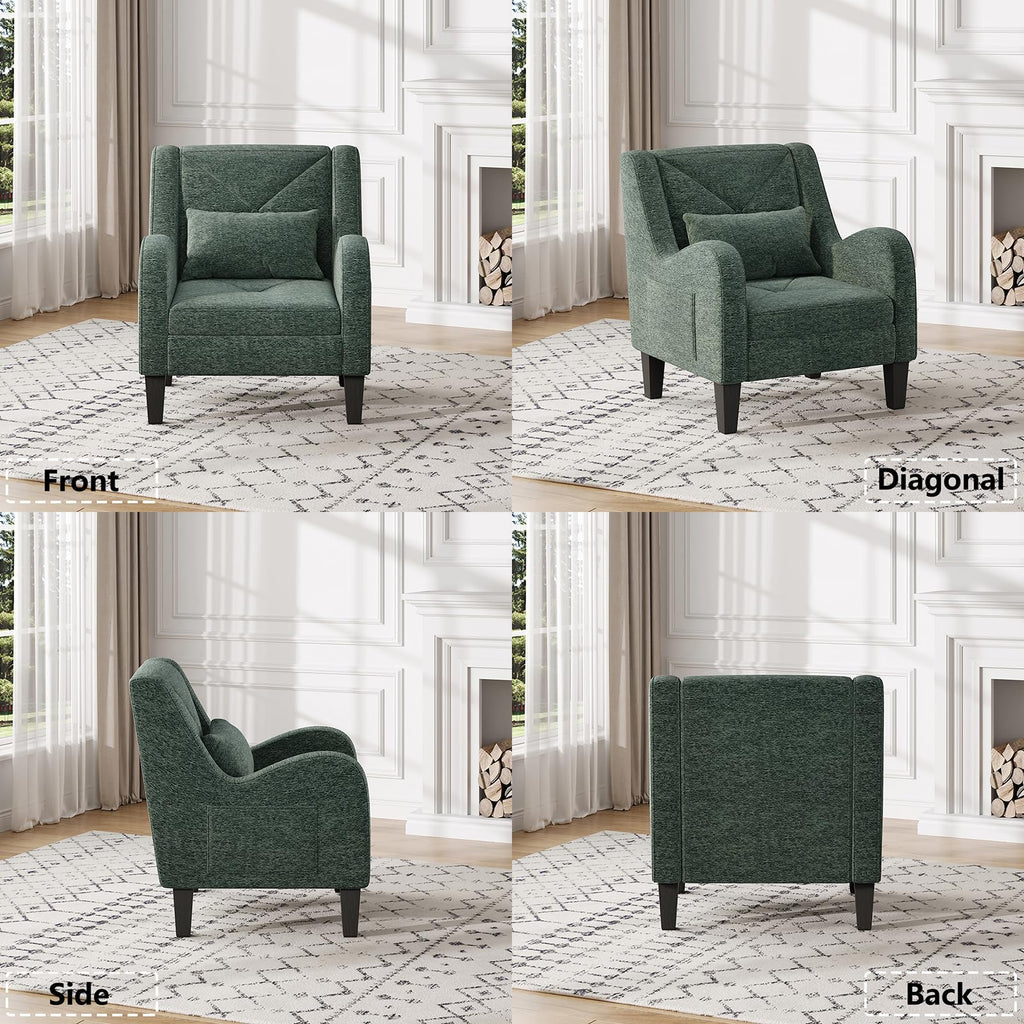 Green Chenille Upholstered Accent Chair with Lumbar Pillow B5113