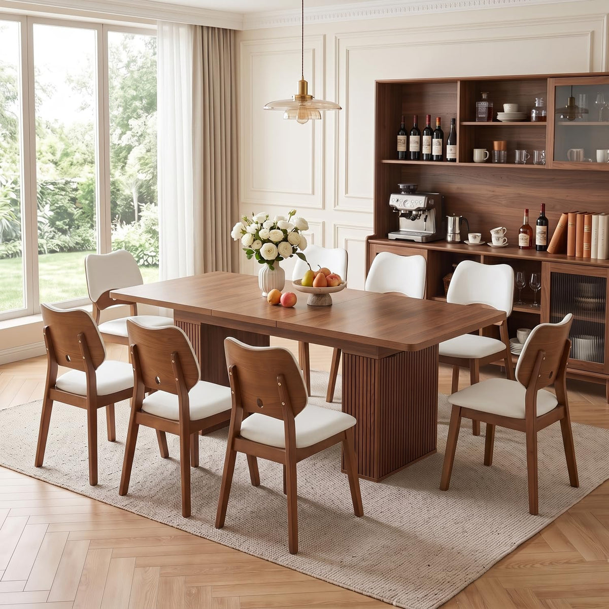 Walnut 9-Piece Extendable Dining Table Set with Storage W308