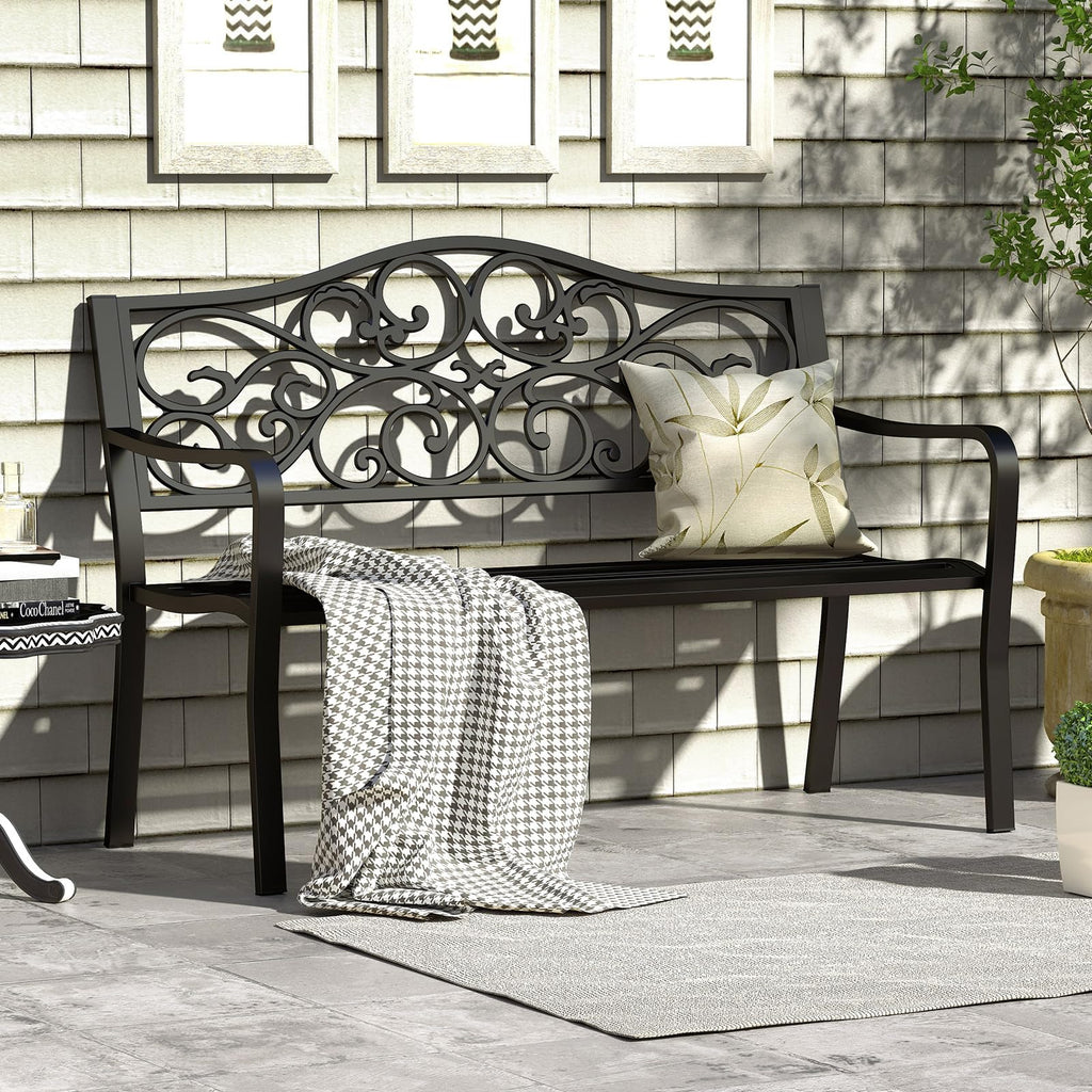 50 Inches Black Cast Iron Metal Patio Bench with Floral Backrest T1241