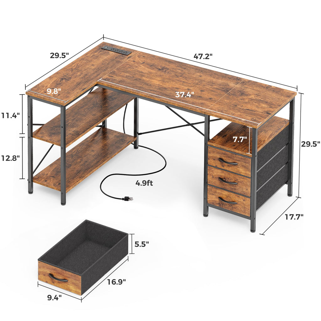 L Shaped Office Desk with Power Outlets & 3 Drawers E4577