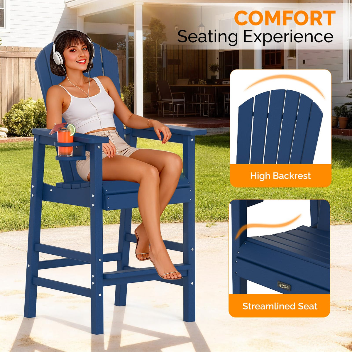 Tall Adirondack Chairs Set of 2, All-Weather Plastic with Cup Holders, Navy Blue A744