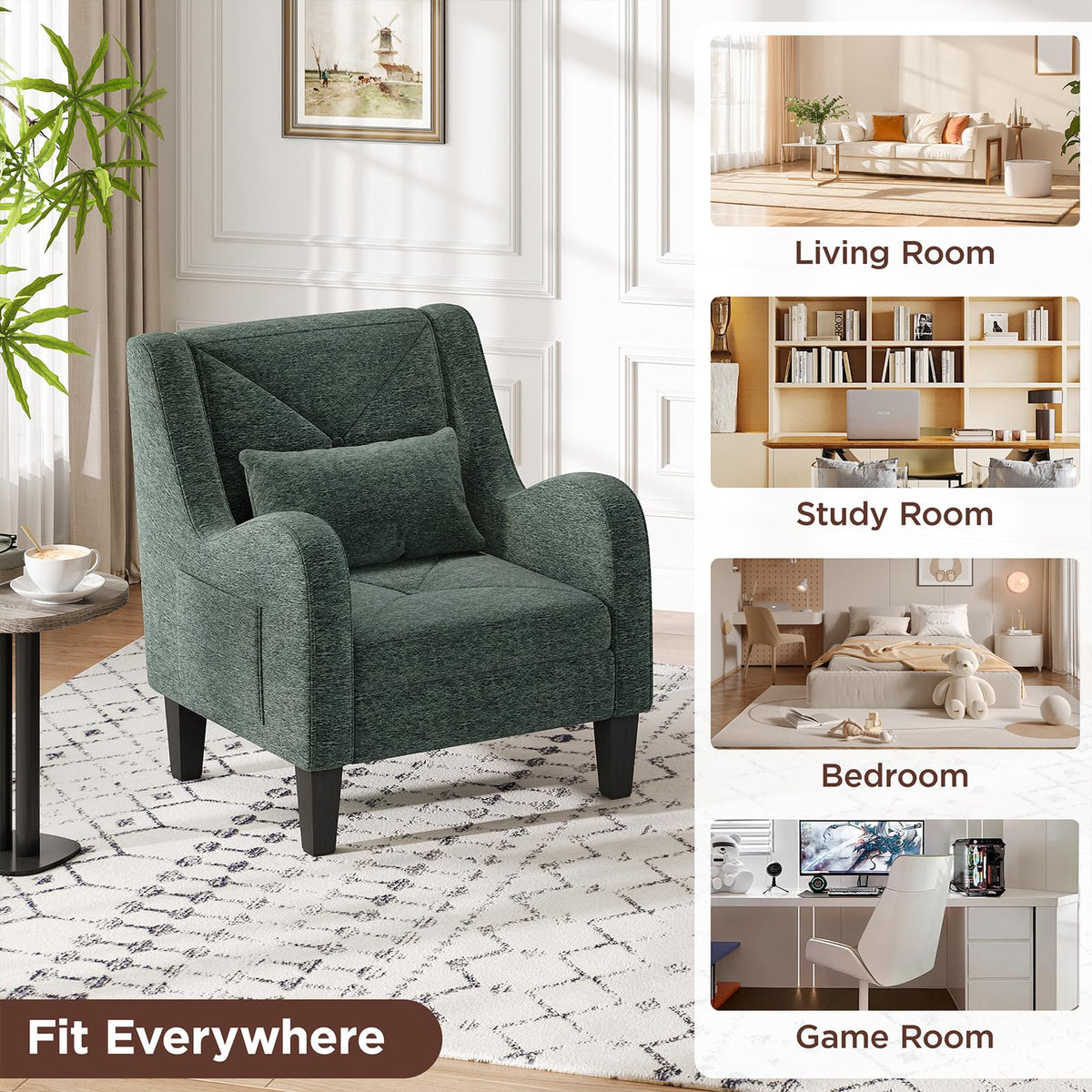 Green Chenille Upholstered Accent Chair with Lumbar Pillow B5113