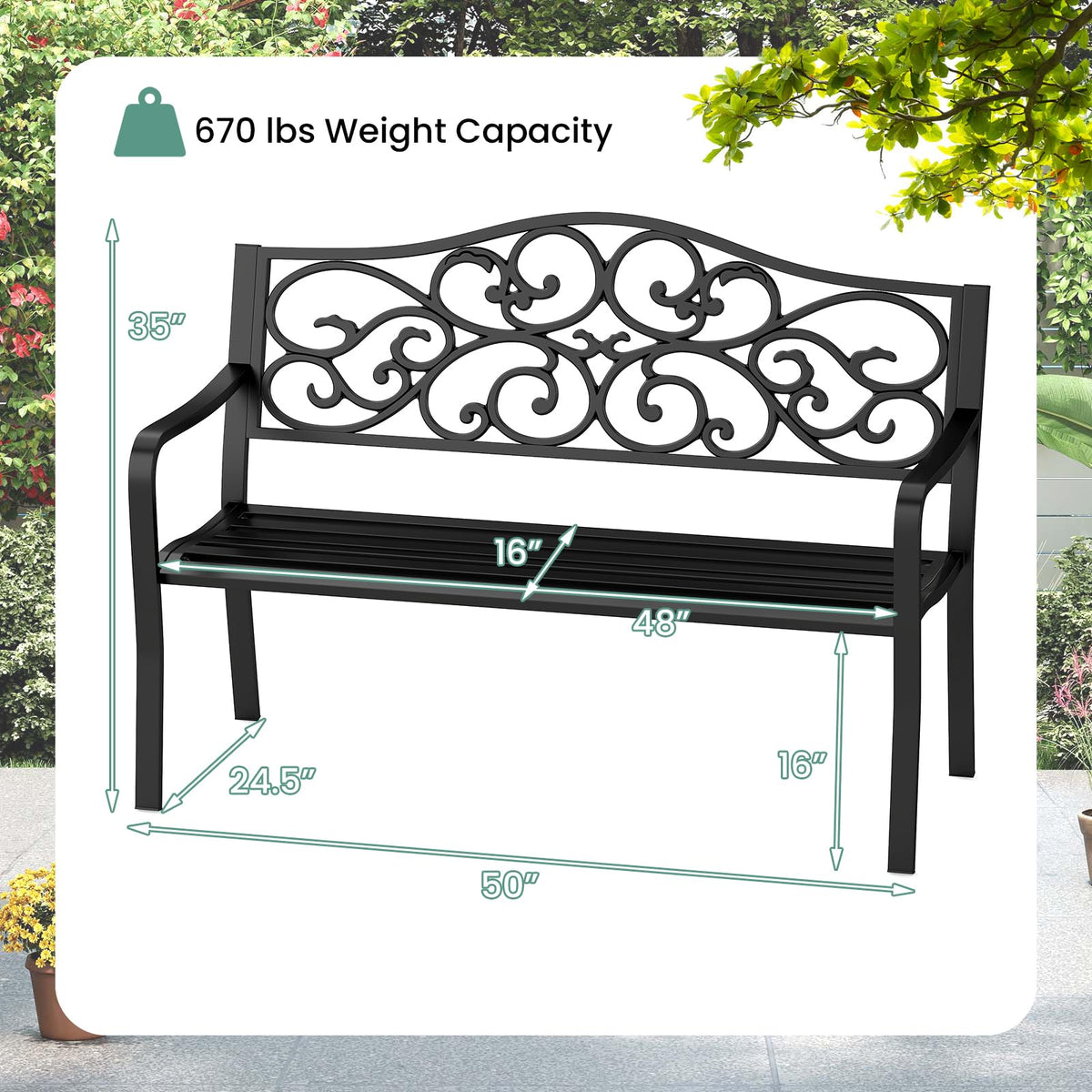 50 Inches Black Cast Iron Metal Patio Bench with Floral Backrest T1241