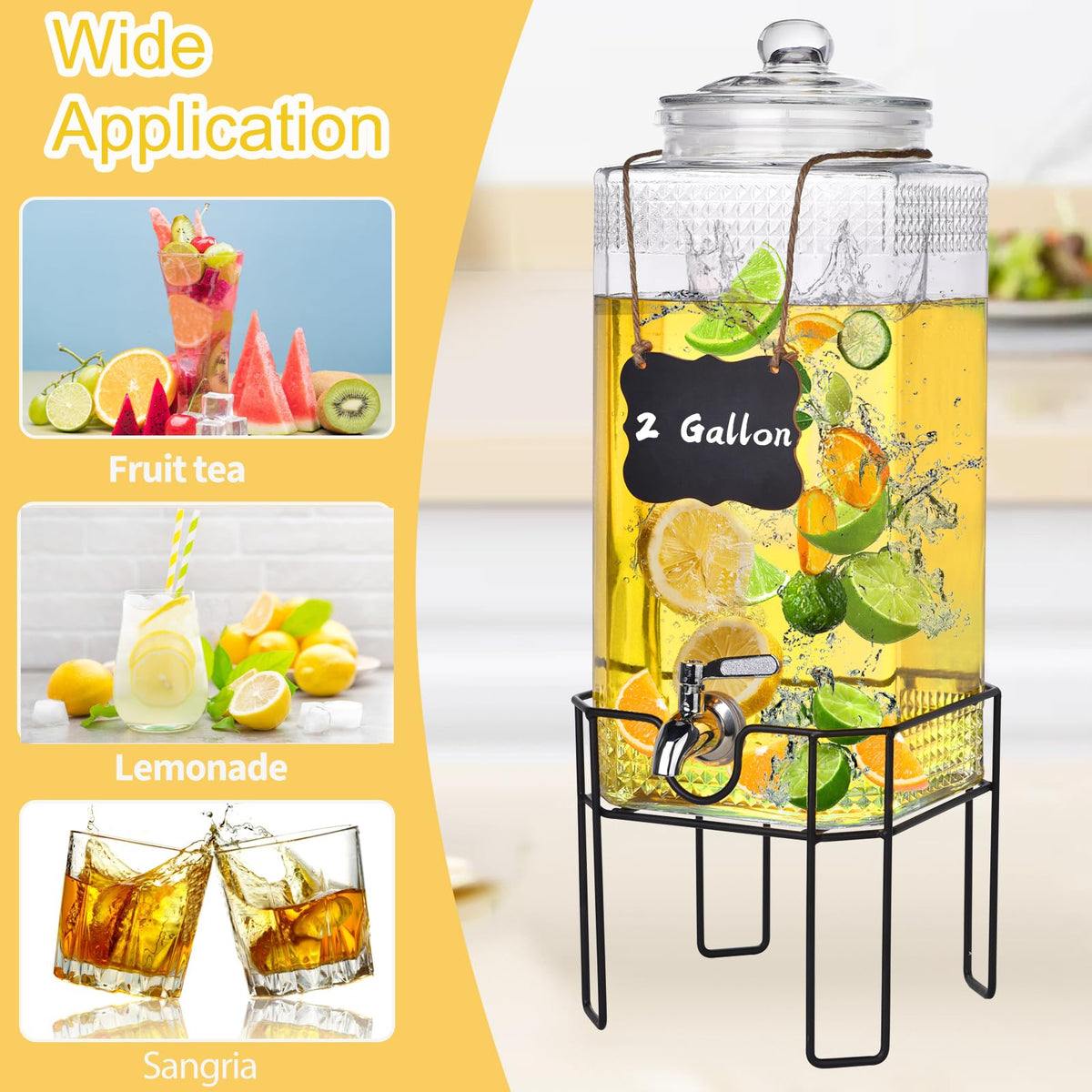2 Gallon Glass Drink Dispenser with Stand and Glass Lid M38439