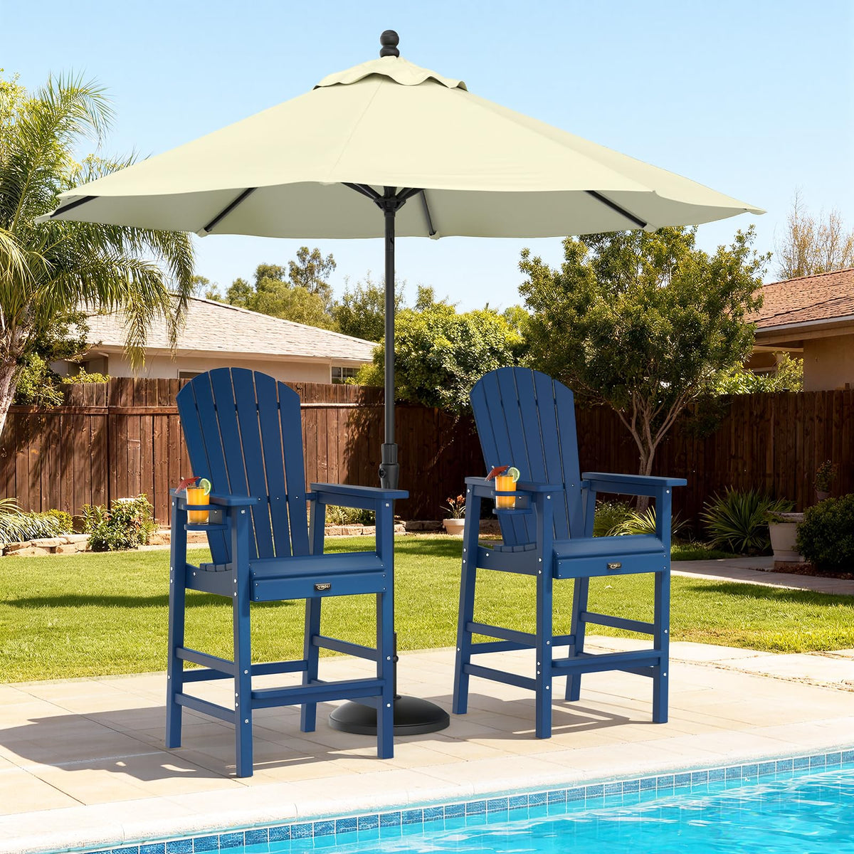 Tall Adirondack Chairs Set of 2, All-Weather Plastic with Cup Holders, Navy Blue A744