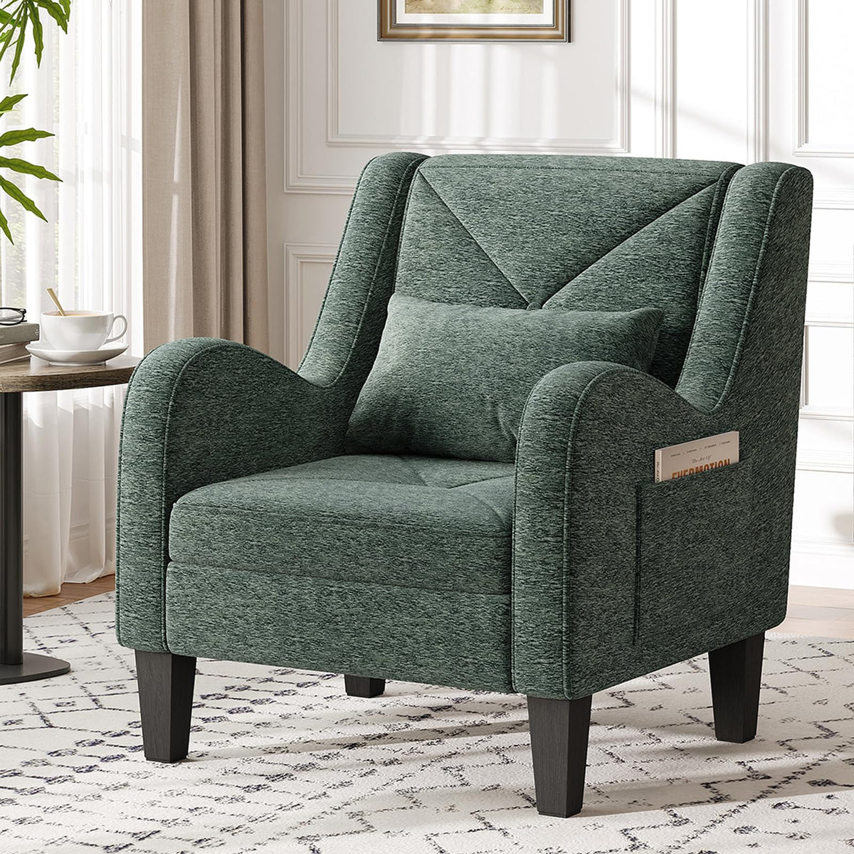 Green Chenille Upholstered Accent Chair with Lumbar Pillow B5113