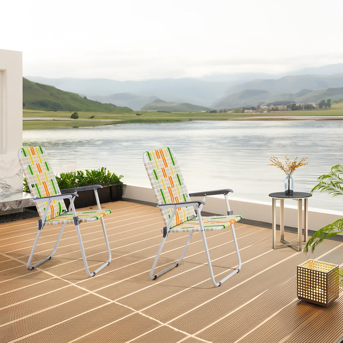 Yellow & Green Webbed Lawn Chairs Set of 2 J67140