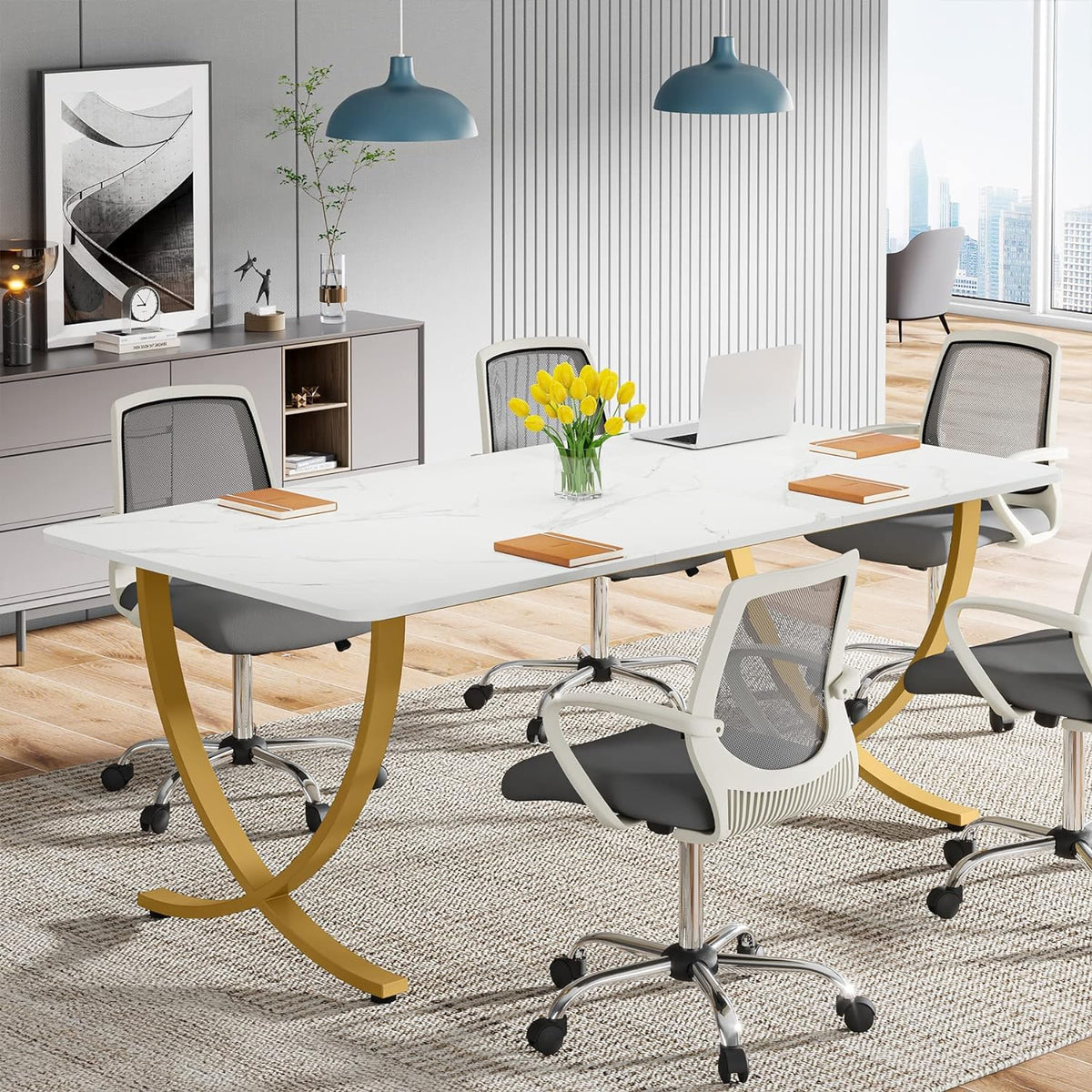63” Large White and Gold Office Desk Y935532