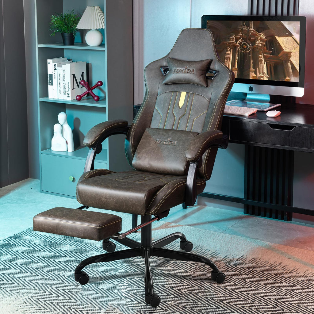 Brown Ergonomic Gaming Chair with Footrest and Massage Lumbar Cushion I159512