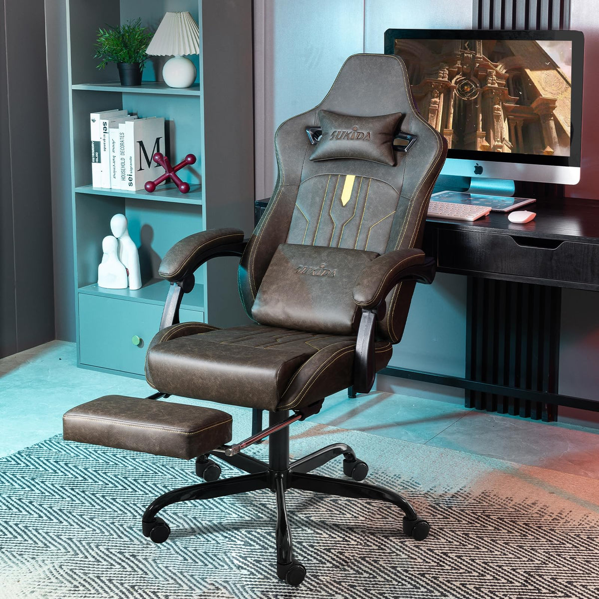 Brown Ergonomic Gaming Chair with Footrest and Massage Lumbar Cushion I159512