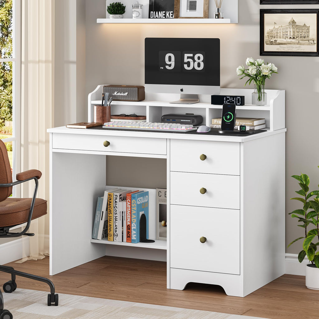 White Computer Desk with Drawers and Hutch Shelf N4485