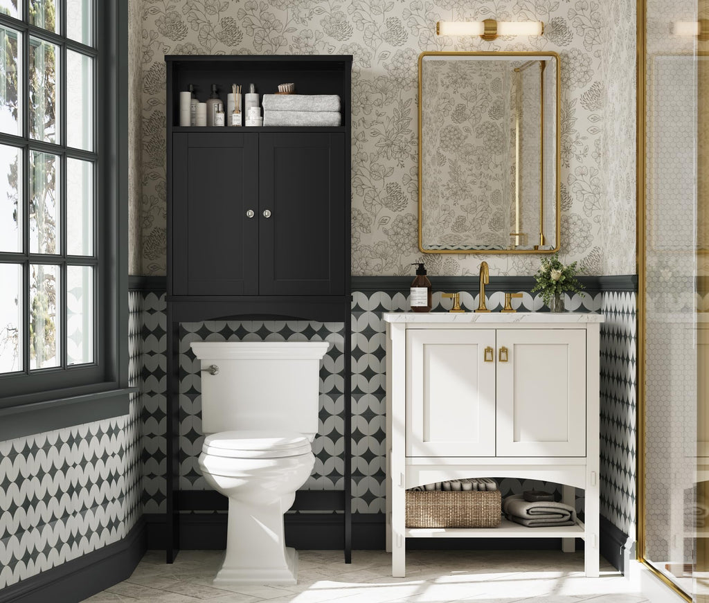 Over The Toilet Storage Cabinet with Adjustable Shelf and Double Door, Black B237679