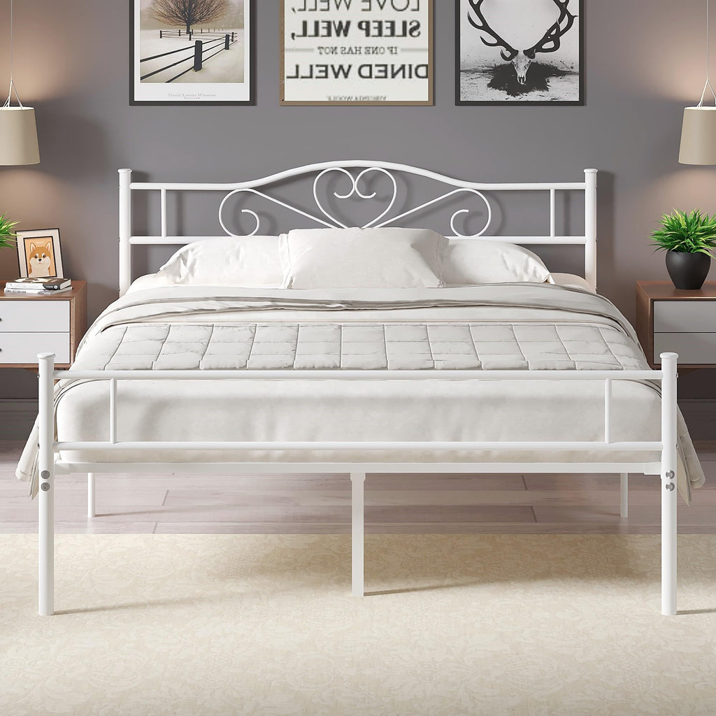 Full Size White Metal Platform Bed Frame with Headboard Q605