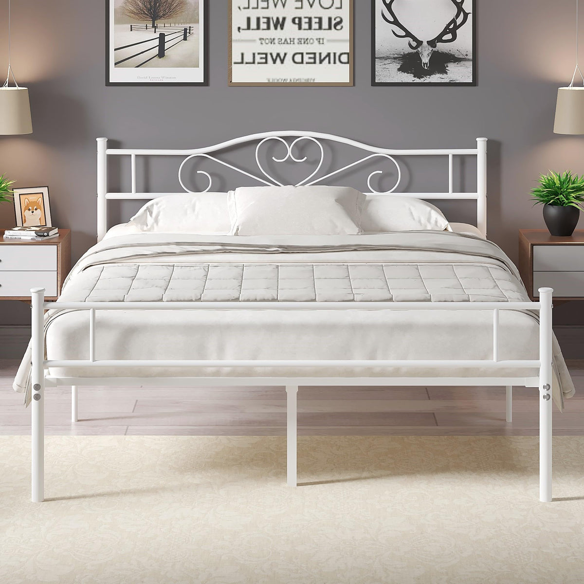 Full Size White Metal Platform Bed Frame with Headboard Q605