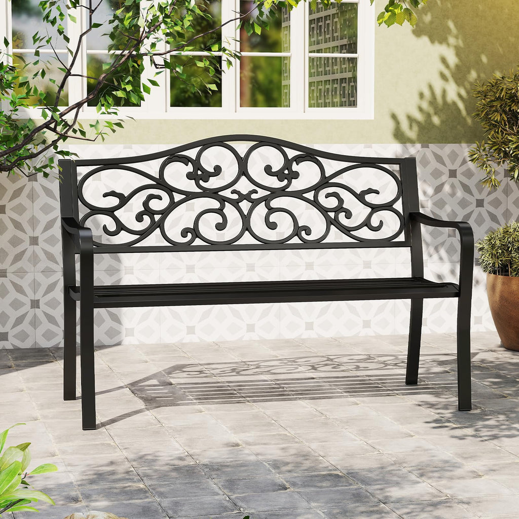 50 Inches Black Cast Iron Metal Patio Bench with Floral Backrest T1241
