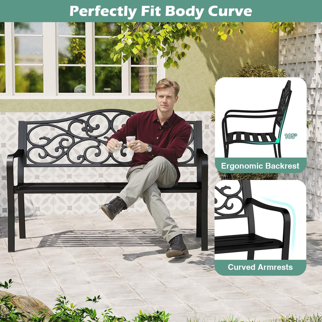 50 Inches Black Cast Iron Metal Patio Bench with Floral Backrest T1241