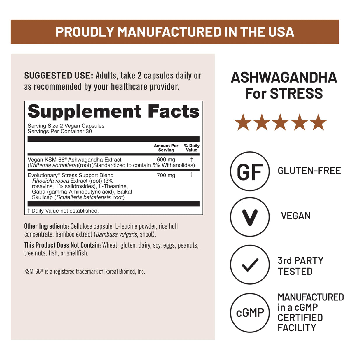 Ashwagandha with KSM-66 Extract GABA L-Theanine Rhodiola Rosea 60 Capsules P39202