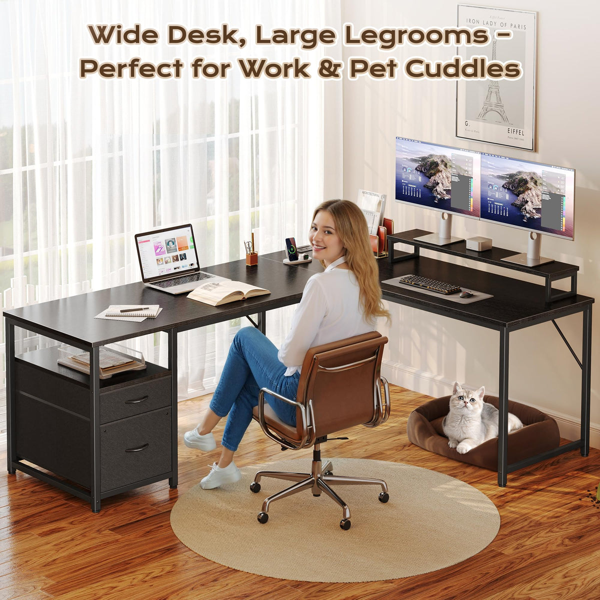 63 Inch L Shaped Desk with Power Outlets and USB-C Port, Black K178