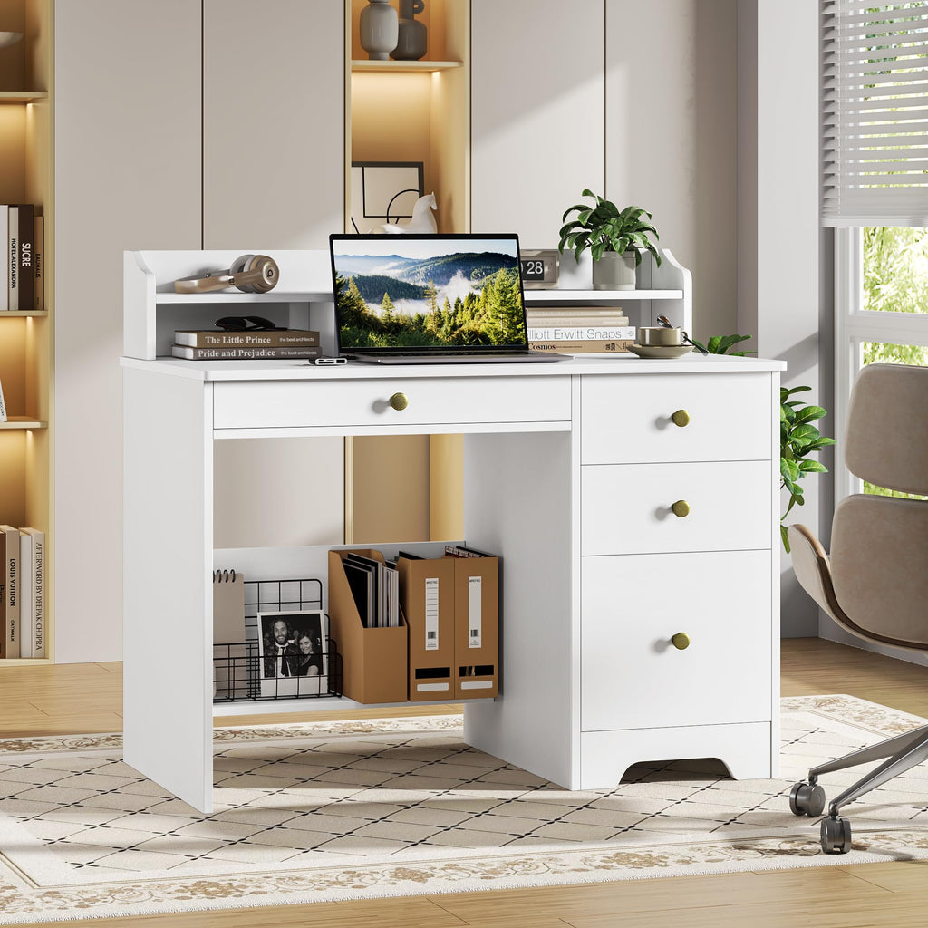 White Computer Desk with Drawers and Hutch Shelf N4485