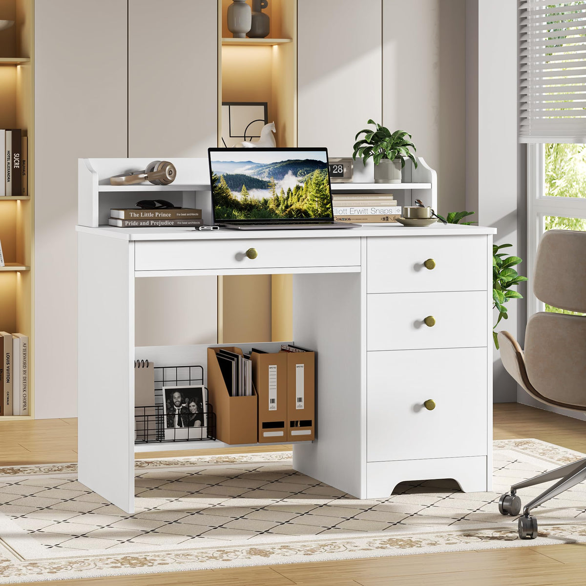 White Computer Desk with Drawers and Hutch Shelf N4485