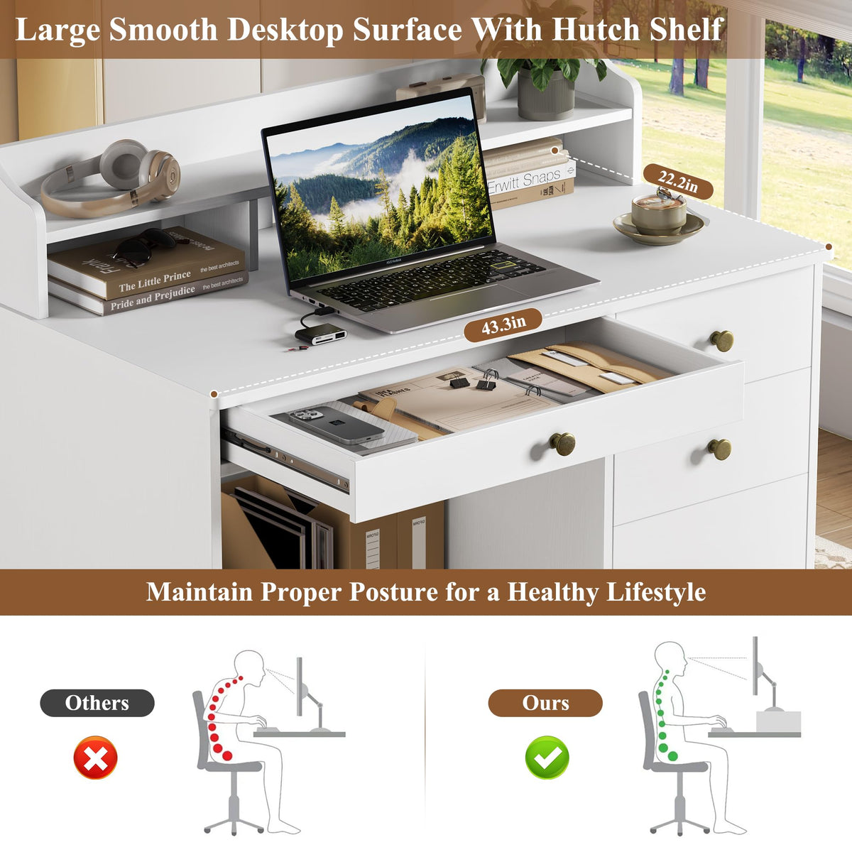 White Computer Desk with Drawers and Hutch Shelf N4485