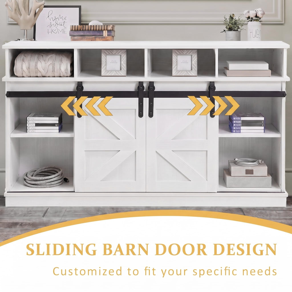 White Farmhouse TV Stand with Sliding Barn Doors J56102