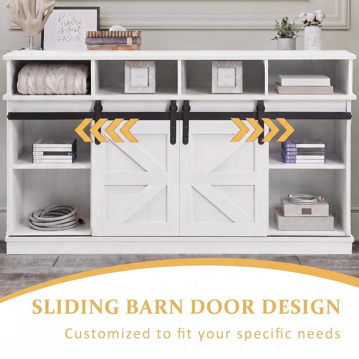 White Farmhouse TV Stand with Sliding Barn Doors J56102