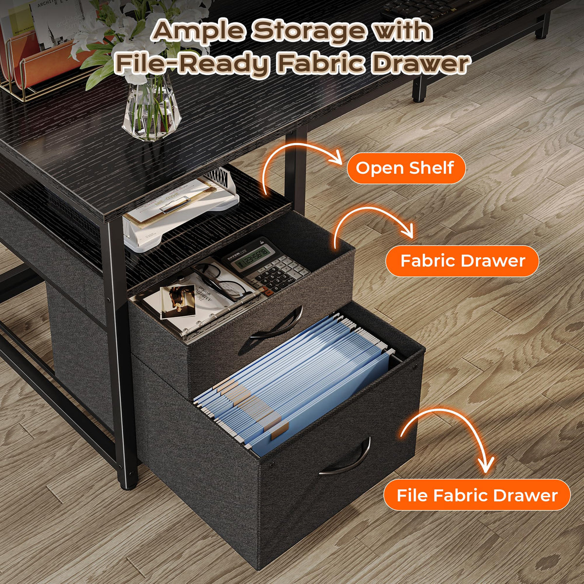 63 Inch L Shaped Desk with Power Outlets and USB-C Port, Black K178
