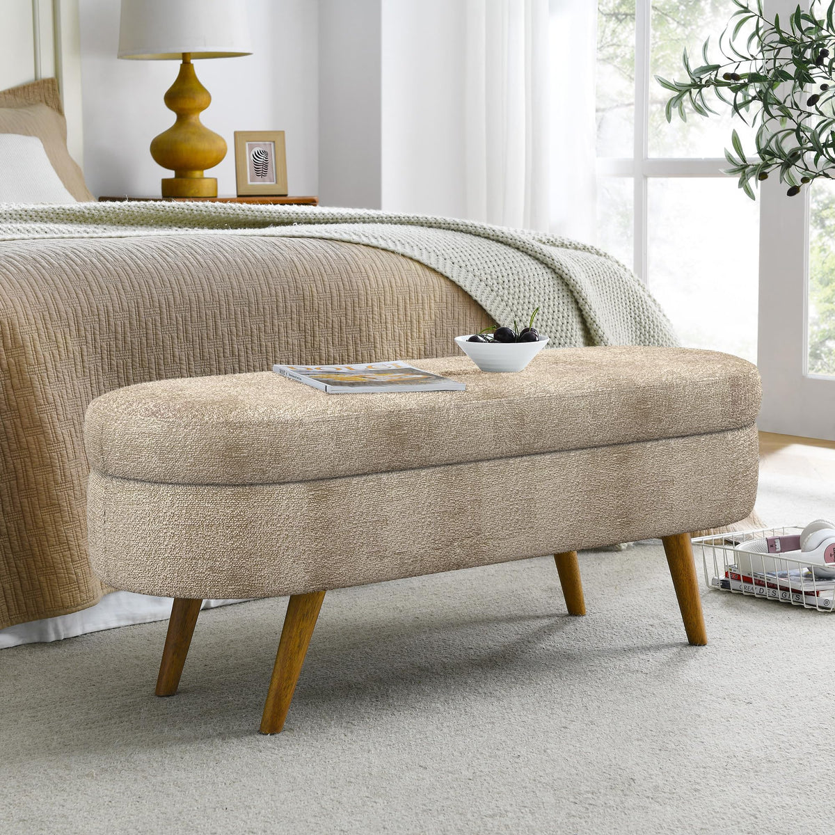 Oval Storage Bench with Rubber Wood Legs Gray J251