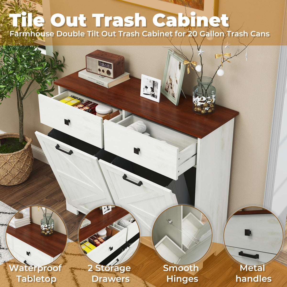 Antique White Wooden Tilt Out Trash Cabinet with 2 Storage Drawers U2595