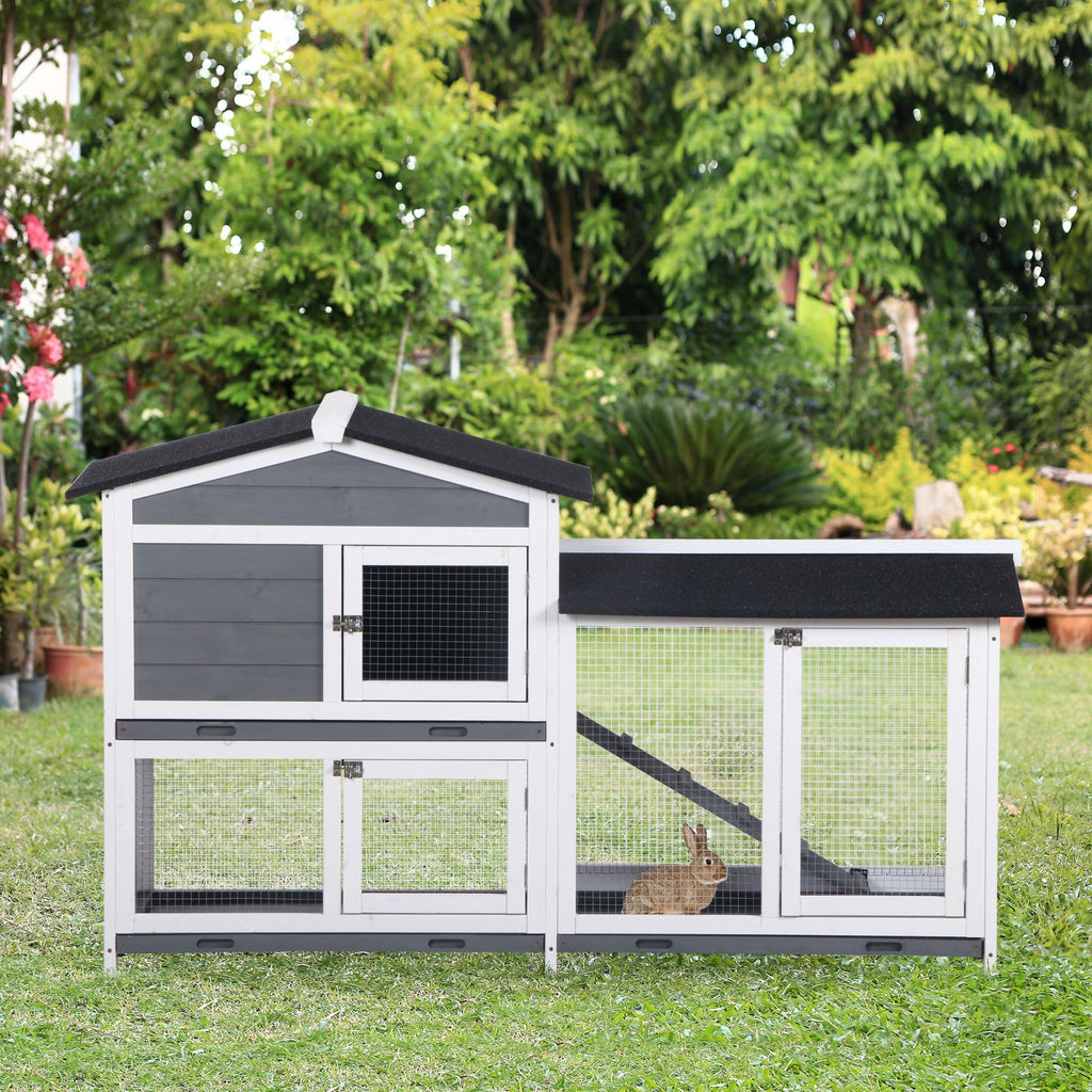 Gray 2-Tier Wooden Rabbit Hutch with Removable Tray N238