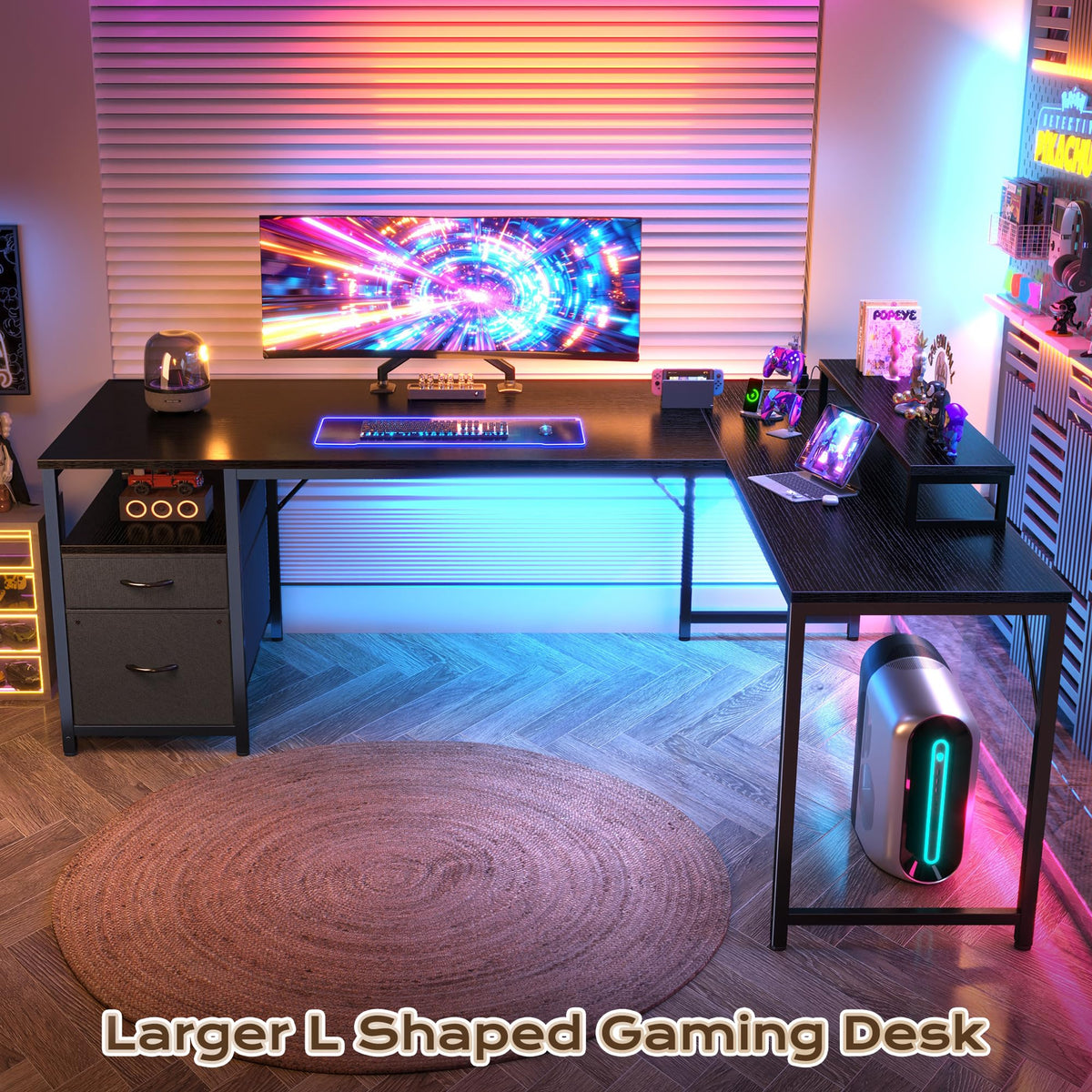 63 Inch L Shaped Desk with Power Outlets and USB-C Port, Black K178