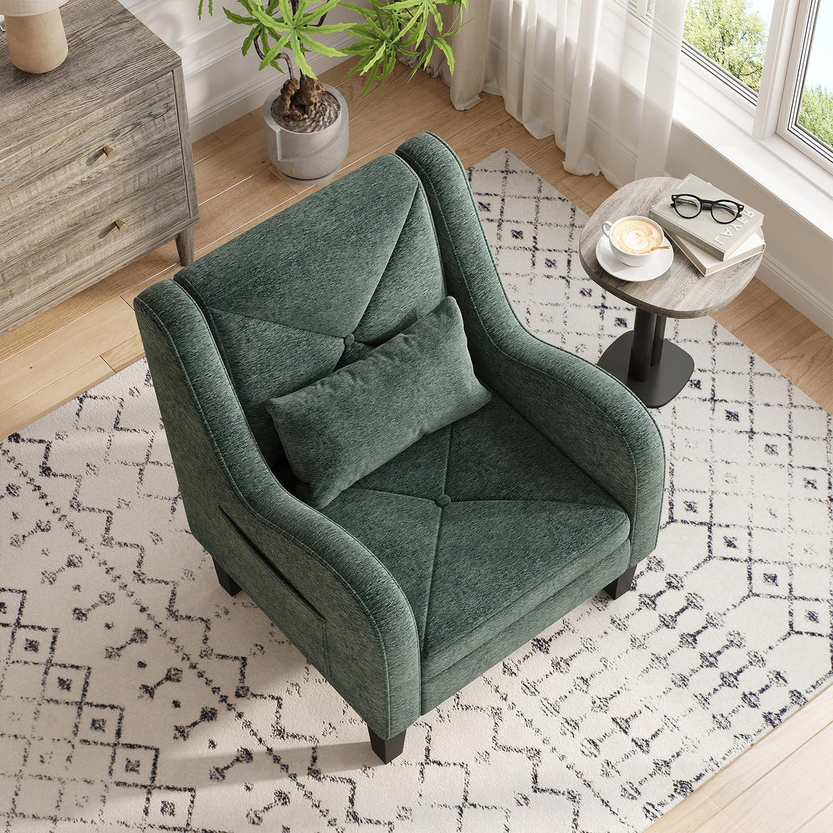 Green Chenille Upholstered Accent Chair with Lumbar Pillow B5113