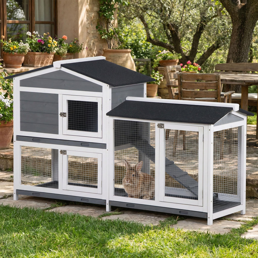 Gray 2-Tier Wooden Rabbit Hutch with Removable Tray N238