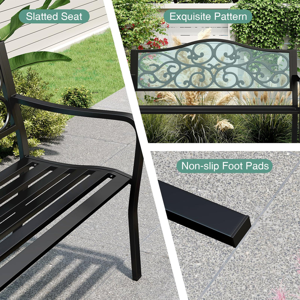 50 Inches Black Cast Iron Metal Patio Bench with Floral Backrest T1241