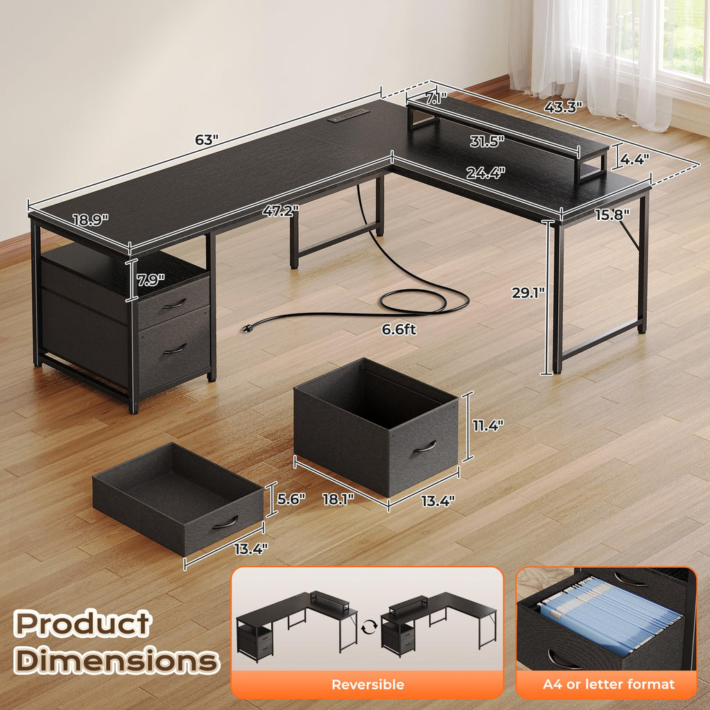 63 Inch L Shaped Desk with Power Outlets and USB-C Port, Black K178