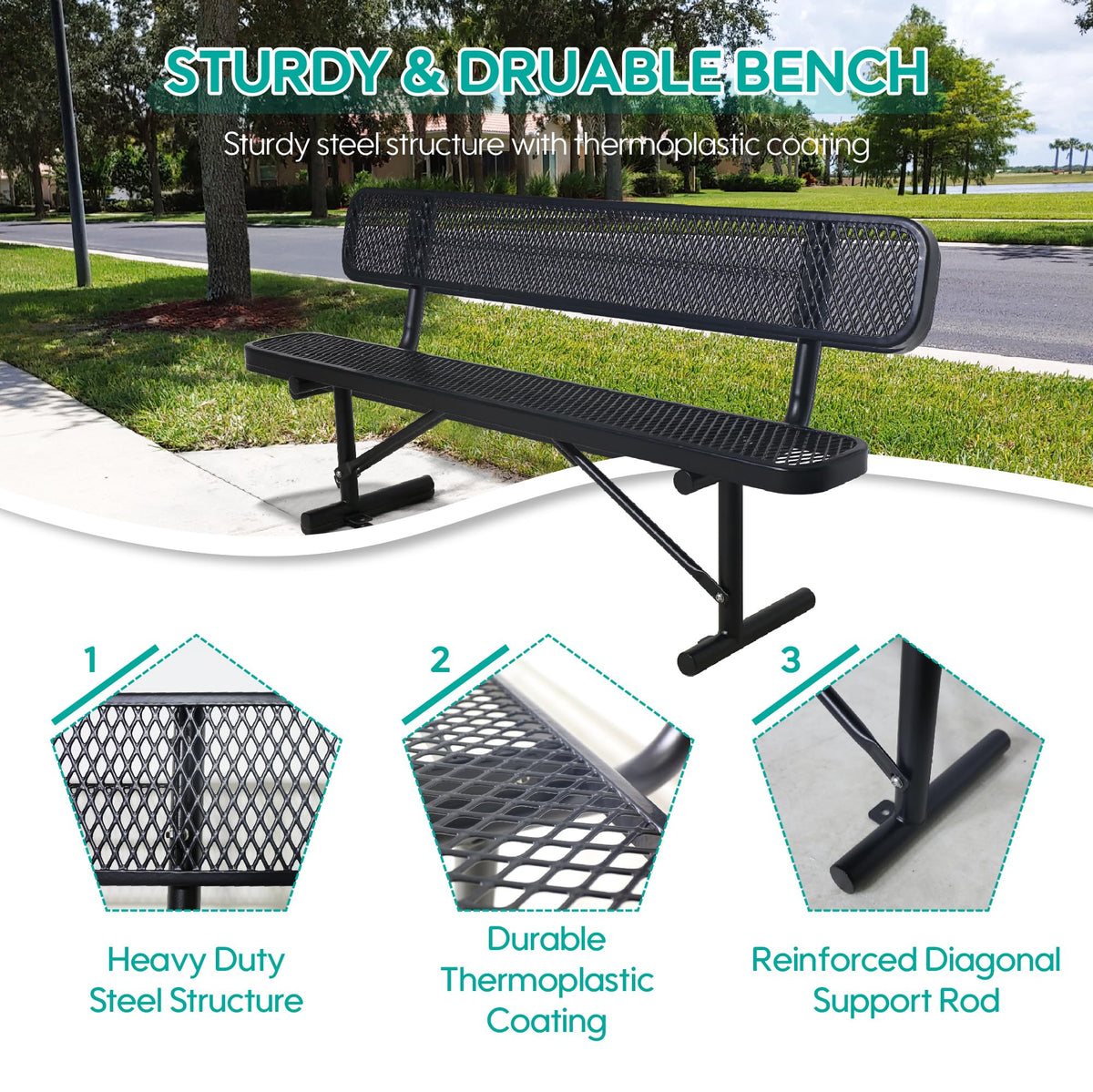 Black Metal Park Bench with Backrest F473689