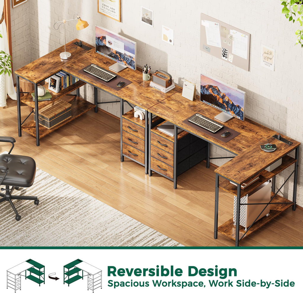 L Shaped Office Desk with Power Outlets & 3 Drawers E4577