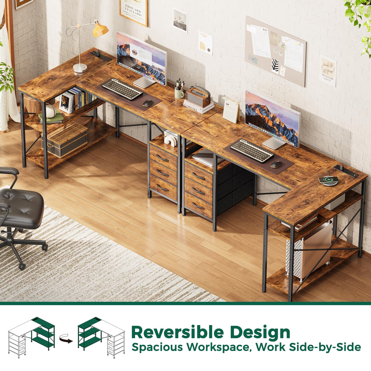 L Shaped Office Desk with Power Outlets & 3 Drawers E4577