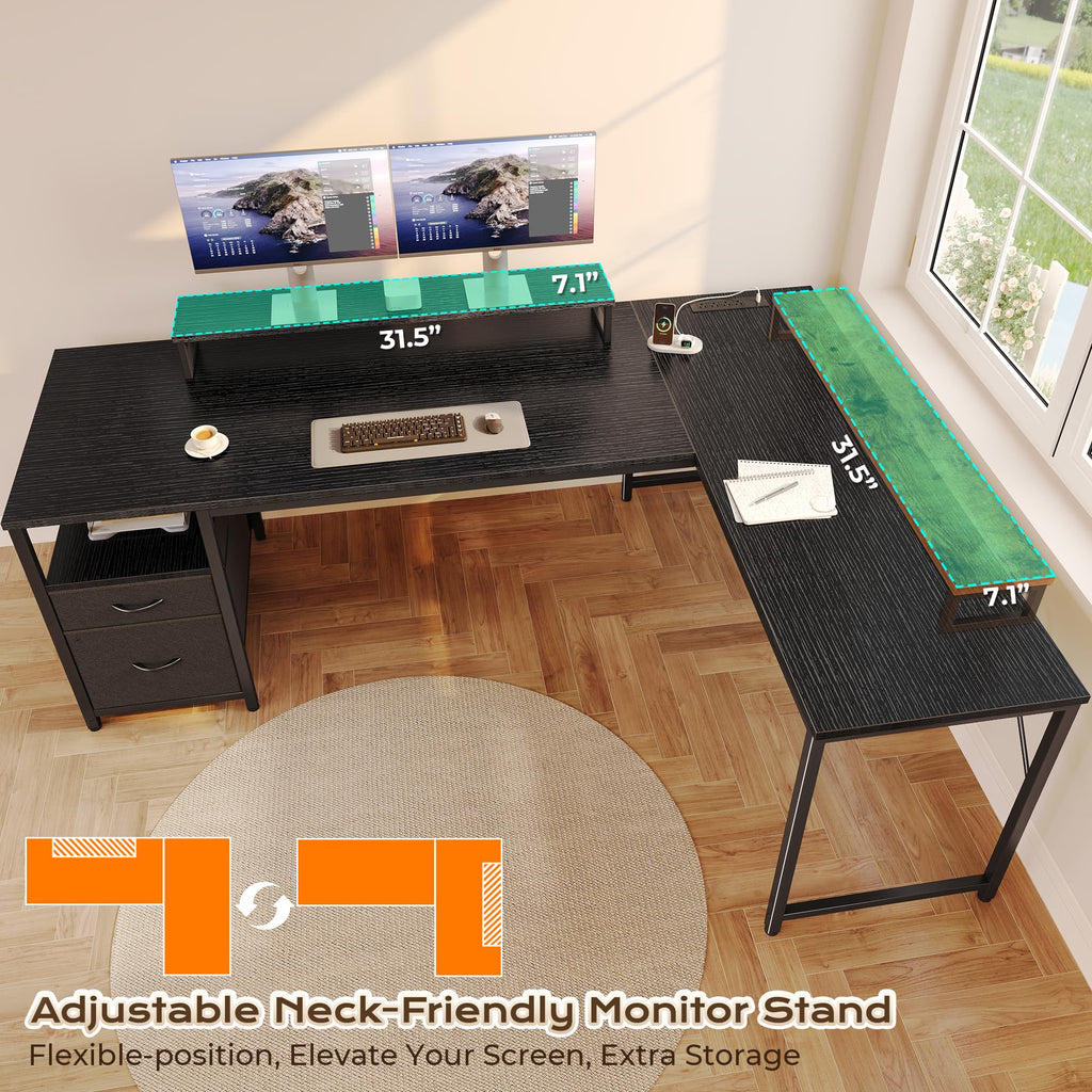 63 Inch L Shaped Desk with Power Outlets and USB-C Port, Black K178