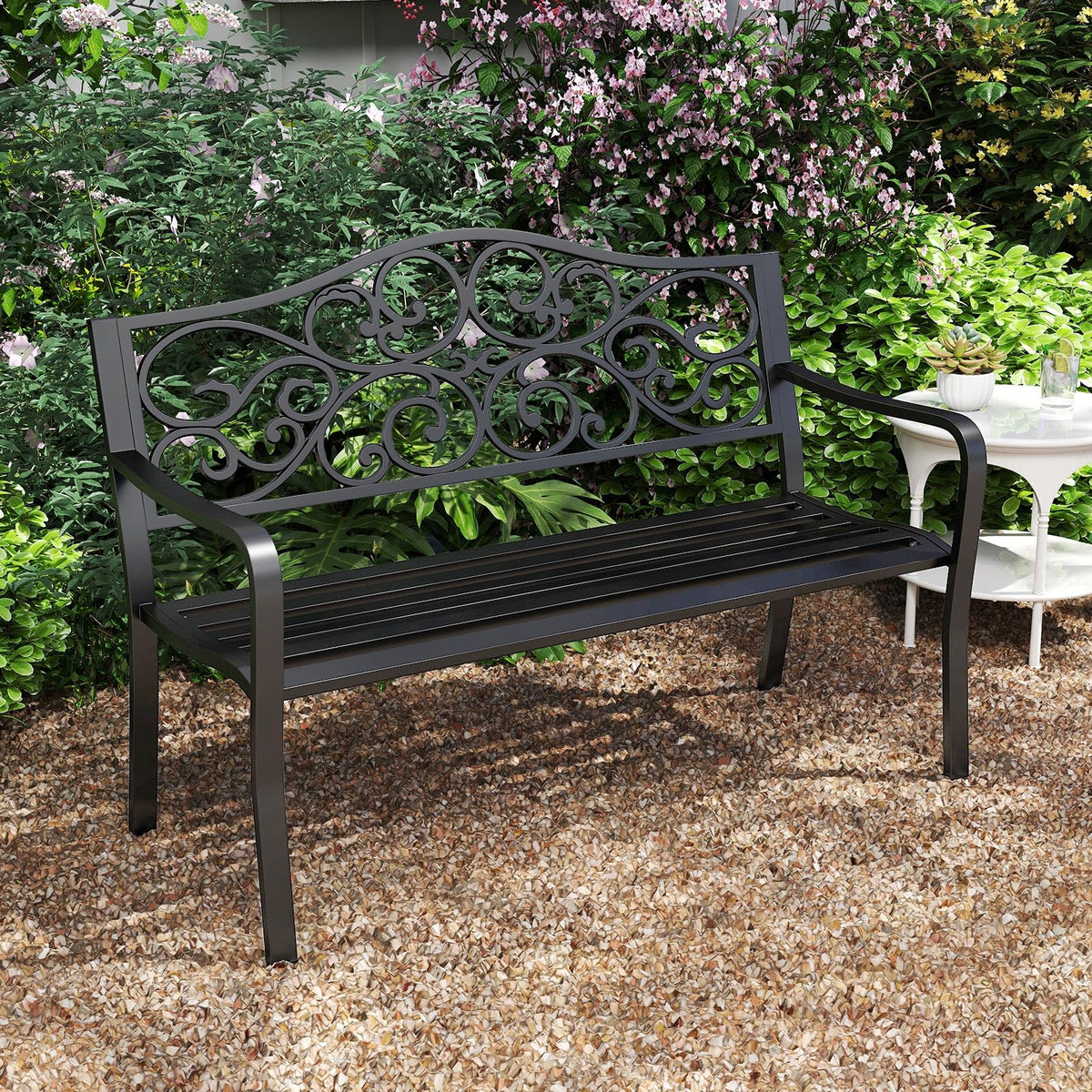 50 Inches Black Cast Iron Metal Patio Bench with Floral Backrest T1241