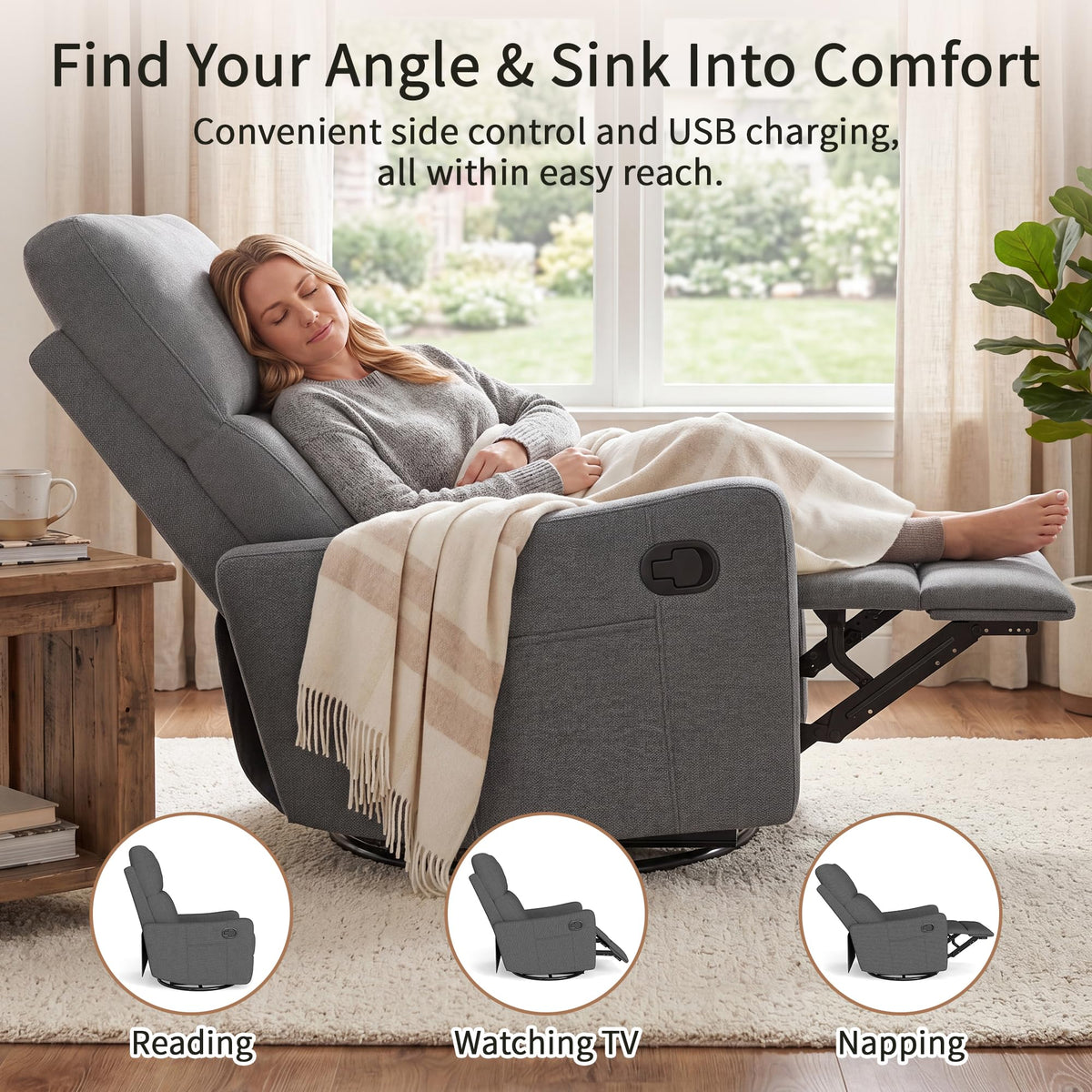 Light Brown Velvet Swivel Rocker Recliner Chair B55118
